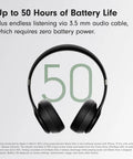 Solo 4 Wireless Bluetooth On-Ear Headphones Serving Serious Heat And 50-Hour Battery Life For Your Daily Ride Built With Ultra Lightweight Flex-Grip Cushions And Immersive Spatial Audio Technology In Matte Black against a white background with '50' displayed.