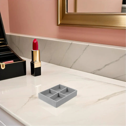 Velvet Jewelry Organizer Tray With Four Grid Compartments Stackable Minimalist design on marble tabletop with lipstick