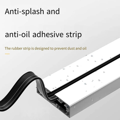 Close-up of anti-splash and anti-oil adhesive strip for Top Tier Wall Mounted Power Strip With Smooth Sliding Track Outlets.