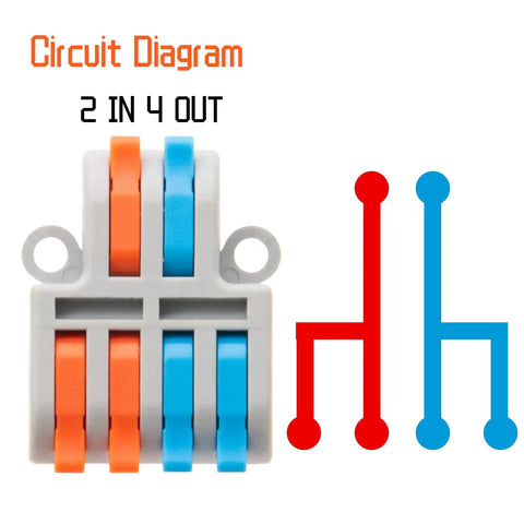 10 Pack Lever Wire Connectors, 2 In 4 Out Quick Wiring Cable Connectors For 24 12 AWG, Circuit Diagram in Grey with Orange and Blue