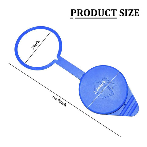 Top view of Leak Proof Windshield Washer Fluid Reservoir Cap Replacement For Ford Focus, blue PE material, with measurements.