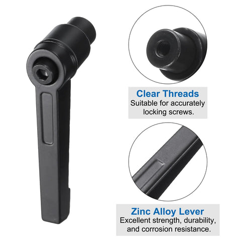 4 Pack Clamping Lever Adjustable Handles With M4 Female Thread Level Hand Knobs and Quick Release Black with clear threads and zinc alloy lever, suitable for lathe machinery and precision workholding.