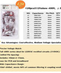 Metallized Polypropylene Film Capacitor Assortment Kit 400V With 120Pcs Pack Including 12 Values shown with details.