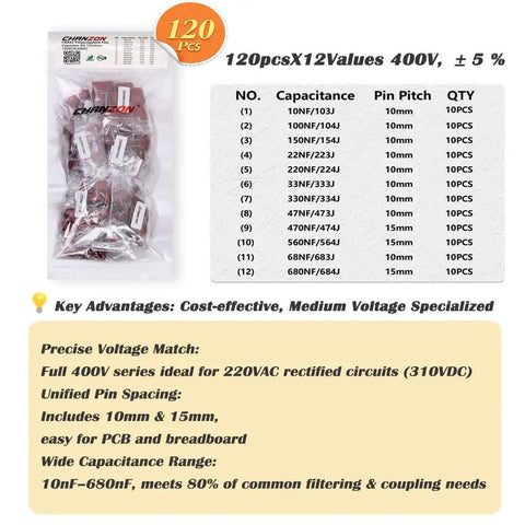 Metallized Polypropylene Film Capacitor Assortment Kit 400V With 120Pcs Pack Including 12 Values shown with details.