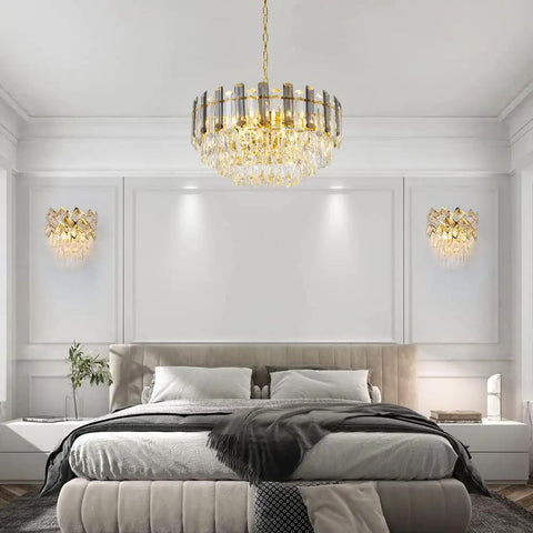 Luxury Gold Wall Sconce With Crystal K9 Accent For Living Room Bedroom Bathroom Hallway Modern Gold Wall Light Fixture With Stainless Steel Frame And Clear Gray Crystals Lit Ambient Vibe