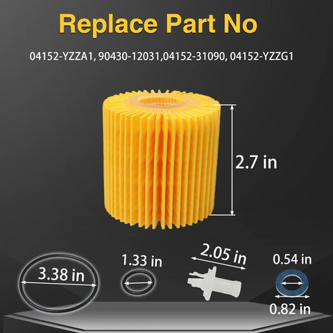 Engine Oil Filter Set For Toyota And Lexus Vehicles Four Pack No Fuss Fit Camry Highlander RAV4 Sienna Tacoma And More Replaces 04152 YZZA1 shown with dimensions and part numbers.