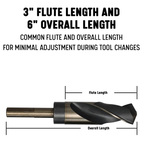 3 inch flute length and 6 inch overall length drill bit, part of Badass 33 Piece Heavy Duty High Speed Steel Reduced Shank Drill Bit Set.