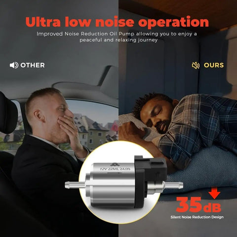 Kick Some Major Heat With This Upgraded 8Kw Portable Diesel Heater Running On 12V Or 24V Power Plus An AC Adapter For Turbo Warmth And Bluetooth App Control To Keep Vans Rvs Trucks And Campers Seriously Comfy In Frigid Conditions, showing ultra low noise oil pump.