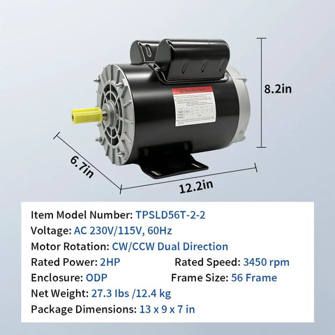 Heavy Duty 2 Horsepower 60 Gallon Air Compressor Electric Motor with model number, dimensions, and specifications.