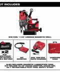 Heavy Duty Job Site Beast 1-1/2 Inch Lineman Magnetic Drill Kit Featuring Dual Xc8.0 Batteries Smart Charger DC Inverter Safety Strap And Carry Case components.