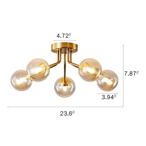 Modern Sputnik 5 Light Gold Ceiling Chandelier Semi Flush Mount With Glass Globe For Bedroom Kitchen Dining Room And Office Mid Century Modern Vintage Style Lighting Fixture Bulbs Not Included, front view with dimensions indicating a 23.6-inch span, gold finish, and glass globes.