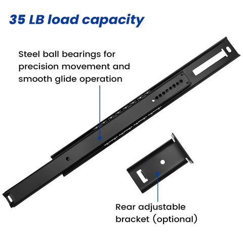 Center Mount Drawer Slides 14 Inch Black 1 Pack No Fuss Bottom Mounted Rails For Smooth Open Heavy Duty Support Anti Sag Design With Even Weight Distribution Easy Install Durable Steel Tracks For Cabinets And Furniture. Black steel center mount drawer slide set with rear adjustable bracket and 35 lb capacity