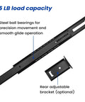 Heavy Duty 5 Pack 16 Inch Black Center Mount Drawer Slides For Cabinets showing steel ball bearings and adjustable bracket.