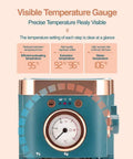 Close-up of Deluxe Home Espresso Machine with built-in milk frother, showing precise temperature gauge and stainless steel design.