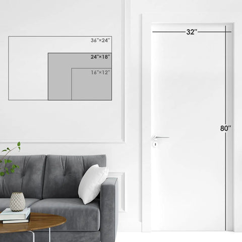 Size comparison of Cork Board Whiteboard Combo with Magnetic Dry Erase Surface and Gold Frame, 24 by 18 inch, against door and sofa