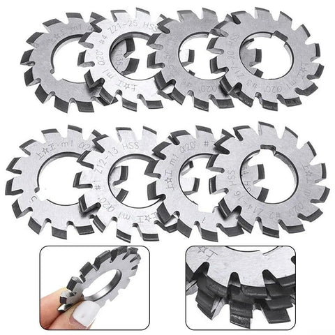 8 Pc Gear Cutter Set In High Speed Steel For Milling Machines, 20 Degree Pressure Angle, Disk Shaped Cutters With 18 Teeth