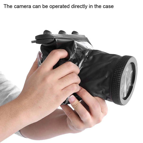 Fully Sealed DSLR Camera Housing With Anti Shock Design For 20 Meter Underwater Depth Rugged Dry Bag Pouch being operated by hand