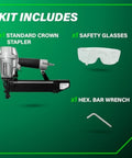 Kit includes Half Inch Crown Stapler For Insulation Sheathing And Subfloor Install 16 Gauge Nailer, safety glasses, hex wrench