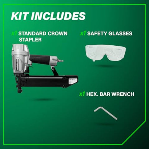 Kit includes Half Inch Crown Stapler For Insulation Sheathing And Subfloor Install 16 Gauge Nailer, safety glasses, hex wrench