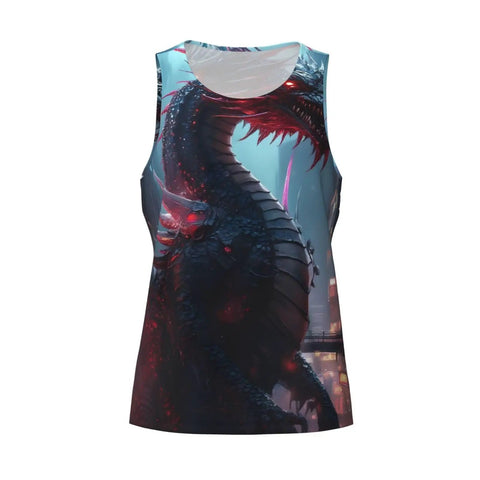 Mens Quick Dry Sleeveless Tank Top Featuring A Sick Urban Mechanical Dragon Print Lightweight Gym Vest That Beats The Heat For Fresh Workout Drip And Beach Days In Solid Black, front view.