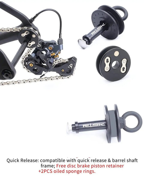 Five In One Dummy Bike Hub Tool Kit for Quick Release And 12mm Through Axle Chain Keeper and Brake Pad Spacer shown with components.