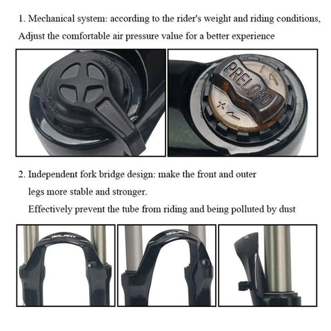 24 Inch Mountain Bike Suspension Fork 28.6mm Straight Tube Aluminum Alloy 100mm Travel Disc Brake Compatible Pneumatic Shock Absorber for 24 Inch MTBs Black, featuring close-up of adjustment controls and fork bridge design.