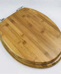 Universal Solid Wood Toilet Seat With Thick Padded Cover And Soft Close Lid showing smooth rustic finish and metal hinges.