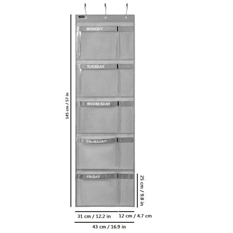 Weekly Kids Closet Organizer Hanging Wardrobe Organizer Monday Through Friday With Clear PVC Pockets Five Large Compartments Grey