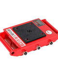 Heavy Duty Machinery Skate Dolly And Industrial Load Mover Featuring Premium PU Casters That Make Haulin Heavy Equipment Feel Like Absolute Cake Walk For Any Shop Owner, red steel construction with a textured load tray.
