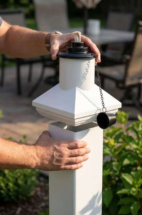 Built In Torch Holder For Tiki Torches On Your Deck Tool Free Click On Installation Wind Resistant Secure Fit on white post