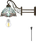 Tiffany Style Wall Sconce Plug In Swing Arm Light With Sea Blue Stained Glass Dragonfly Motif, Adjustable Up Down