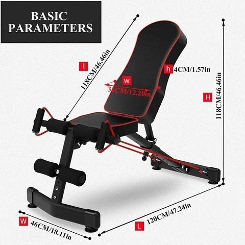 Adjustable Weight Bench For Home Gym With Multi Angle Training, dimensions labeled, folding design, durable PU leather