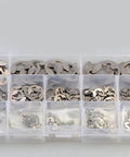 Assorted oil resistant stainless steel retaining ring set with 400 pcs E-shaped snap rings M1.5 to M15 in a plastic case.