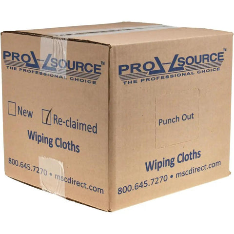 Box of ProSource reclaimed wiping cloths, labeled for professional use, showcasing reclaimed white cotton T-shirt rags