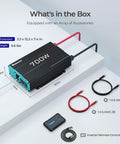 Hella Reliable 700 Watt Pure Sine Wave Inverter 12V To 110V DC AC Converter with cables and remote control, dimensions shown.