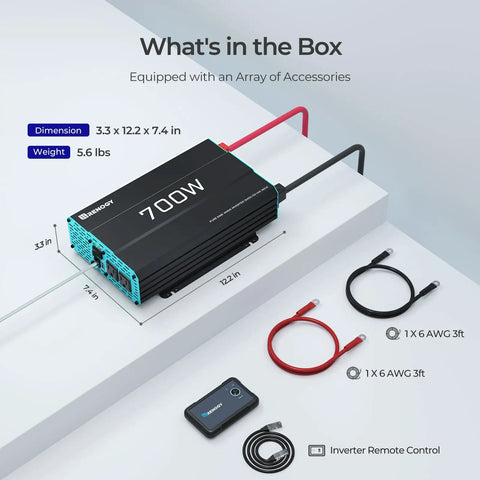 Hella Reliable 700 Watt Pure Sine Wave Inverter 12V To 110V DC AC Converter with cables and remote control, dimensions shown.