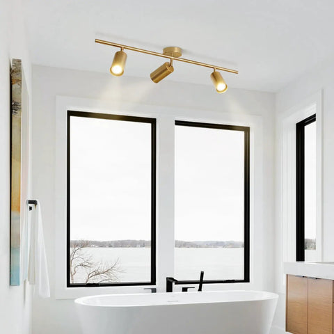 Brushed Brass LED Adjustable Track Lighting Kit With Pivoting Heads, 3 Light Ceiling Spotlight Track System For Kitchen And Living Spaces, Mid Century Modern Flush Mount Fixture For A Lit Ambience
