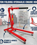 Heavy Duty Folding Hydraulic Engine Hoist With 4400 Lbs Capacity Cherry Picker Crane, featuring foldable design and six caster wheels.