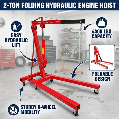 Heavy Duty Folding Hydraulic Engine Hoist With 4400 Lbs Capacity Cherry Picker Crane, featuring foldable design and six caster wheels.