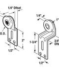 Technical drawing of a sliding closet door roller kit with 1 inch wheel diameter and convex edge plastic rollers. Includes 1/4 and 3/4 inch offset pairs.