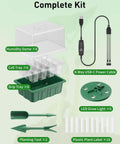 Six Pack Seed Starter Kit With 72 Cell Trays, Adjustable Full Spectrum LED Grow Lights, 3.9 Inch Humidity Domes displayed with accessories.