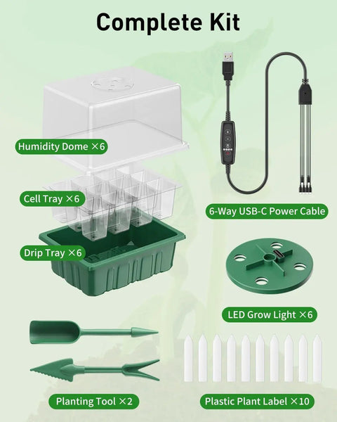 Six Pack Seed Starter Kit With 72 Cell Trays, Adjustable Full Spectrum LED Grow Lights, 3.9 Inch Humidity Domes displayed with accessories.