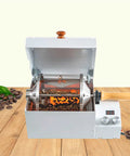 Rock Solid Home Coffee Roaster Featuring Quartz Heating Tube Adjustable Temperature Settings For Fresh Morning Beans Stainless Steel Electric Roasting Machine Smooth Operator Kitchen Must Have with open lid and visible beans.