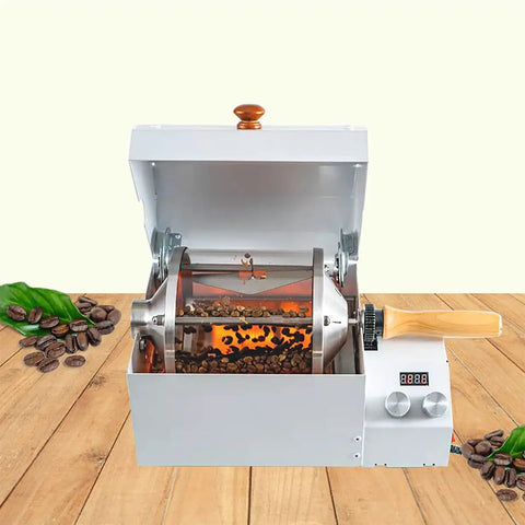 Rock Solid Home Coffee Roaster Featuring Quartz Heating Tube Adjustable Temperature Settings For Fresh Morning Beans Stainless Steel Electric Roasting Machine Smooth Operator Kitchen Must Have with open lid and visible beans.