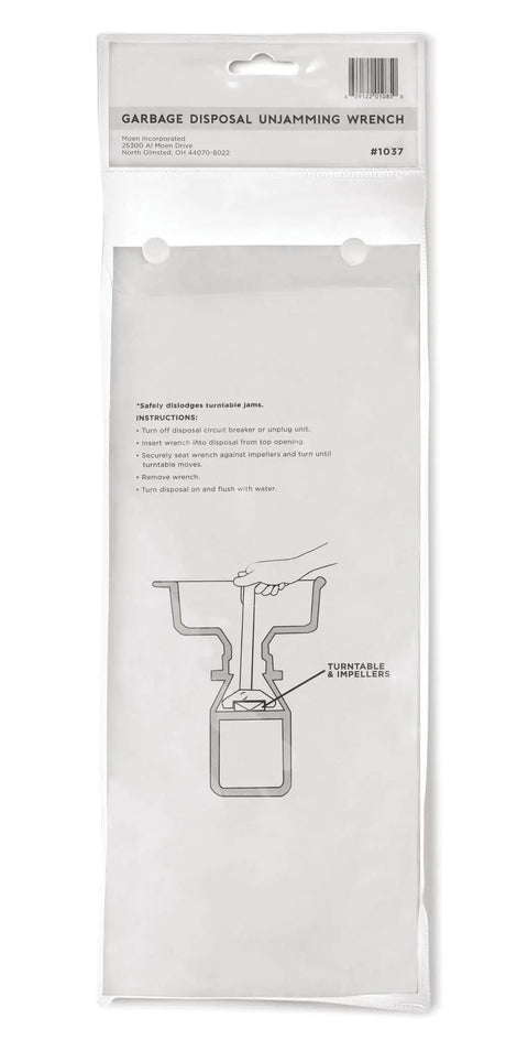 Illustration on packaging of Universal Garbage Disposal Unjamming Wrench For Quick Jam Release Fits Waste King And Moen Disposals
