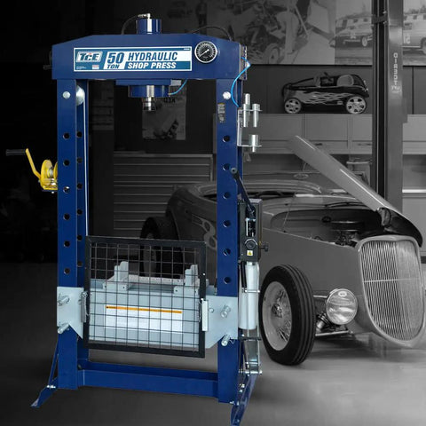 Badass Heavy Duty Steel H Frame 50 Ton Hydraulic Shop Press With Foot Pump Pedal And Easy To Read Gauge for garage bending jobs.
