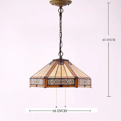 Yellow Hexagon Stained Glass Tiffany Style Pendant Light Fixture With Mission Design Hanging Lamp Wide 16 Inch Height 40 Inch Bronze Chain Hardwired With Pull Chain S011 Series