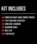 Dang Compact Cordless Right Angle Impact Driver With 12V Brushless Motor And Quarter Inch Hex Chuck Featuring 20Ah USB C Battery And 20W Charger Plus Belt Clip - Kit includes battery, charger, belt clip.