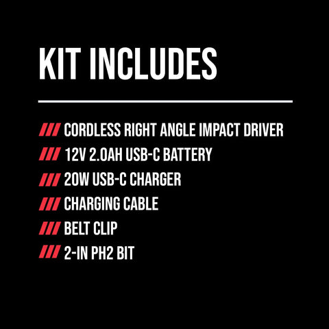 Dang Compact Cordless Right Angle Impact Driver With 12V Brushless Motor And Quarter Inch Hex Chuck Featuring 20Ah USB C Battery And 20W Charger Plus Belt Clip - Kit includes battery, charger, belt clip.