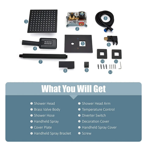 Components of Dope Matte Black Ceiling Mount Shower System with dual rainfall and handheld spray, brass construction, 10-inch ABS head.